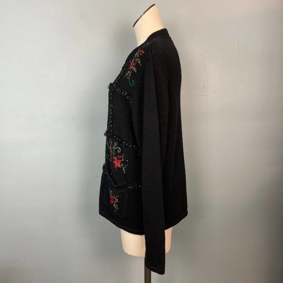 ERIKA Poinsettia Christmas Holiday Beaded Embroidered Cardigan Sweater Size M - Picture 4 of 12
